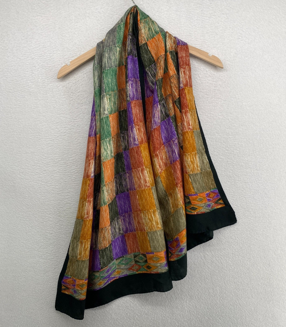 SEARLE Scarf Wool Silk Hand Rolled Checker Print Shawl Wrap Orange 21 x 60 Italy
